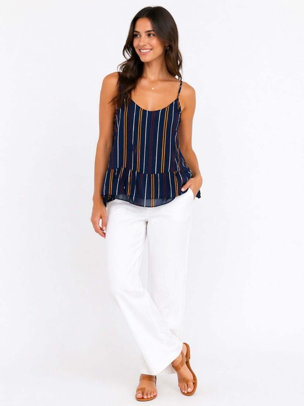 Anthropologie // Harlyn Navy Vertical Stripe Ruffle-Hem Tank